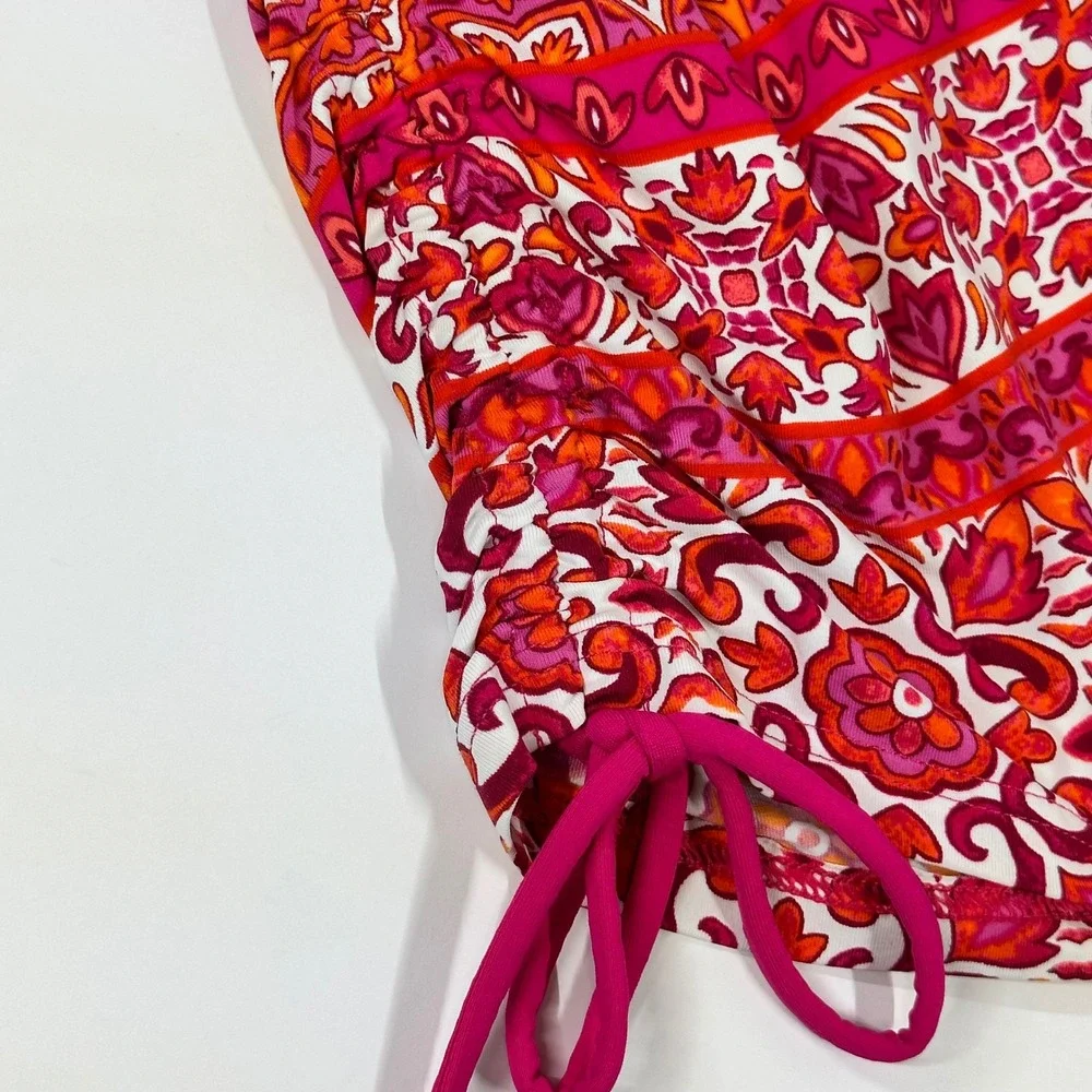 Lands End Womens L Petite Pink Orange Floral Rash Guard Swim Tunic Quarter Zip